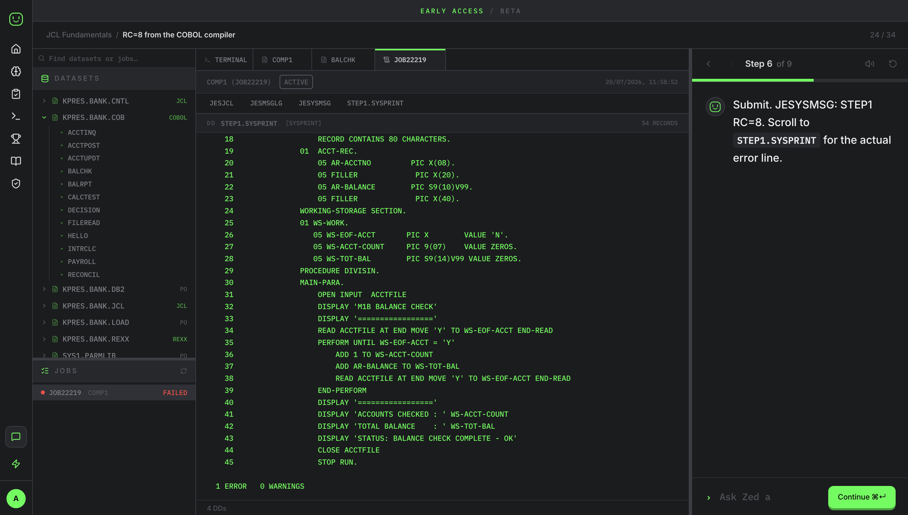 A failed compile job in the Mainframe101 lab: COMP1 marked FAILED in the jobs list, with its compiler output open in the spool, ending in one error.