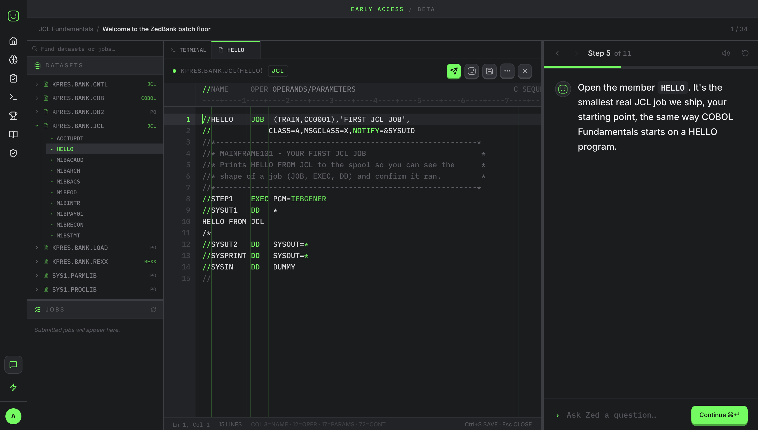 The first lesson of JCL Fundamentals, Welcome to the ZedBank batch floor: ZedBank's batch job library in the dataset tree, the starter HELLO job open in the editor, and Zed introducing the work.