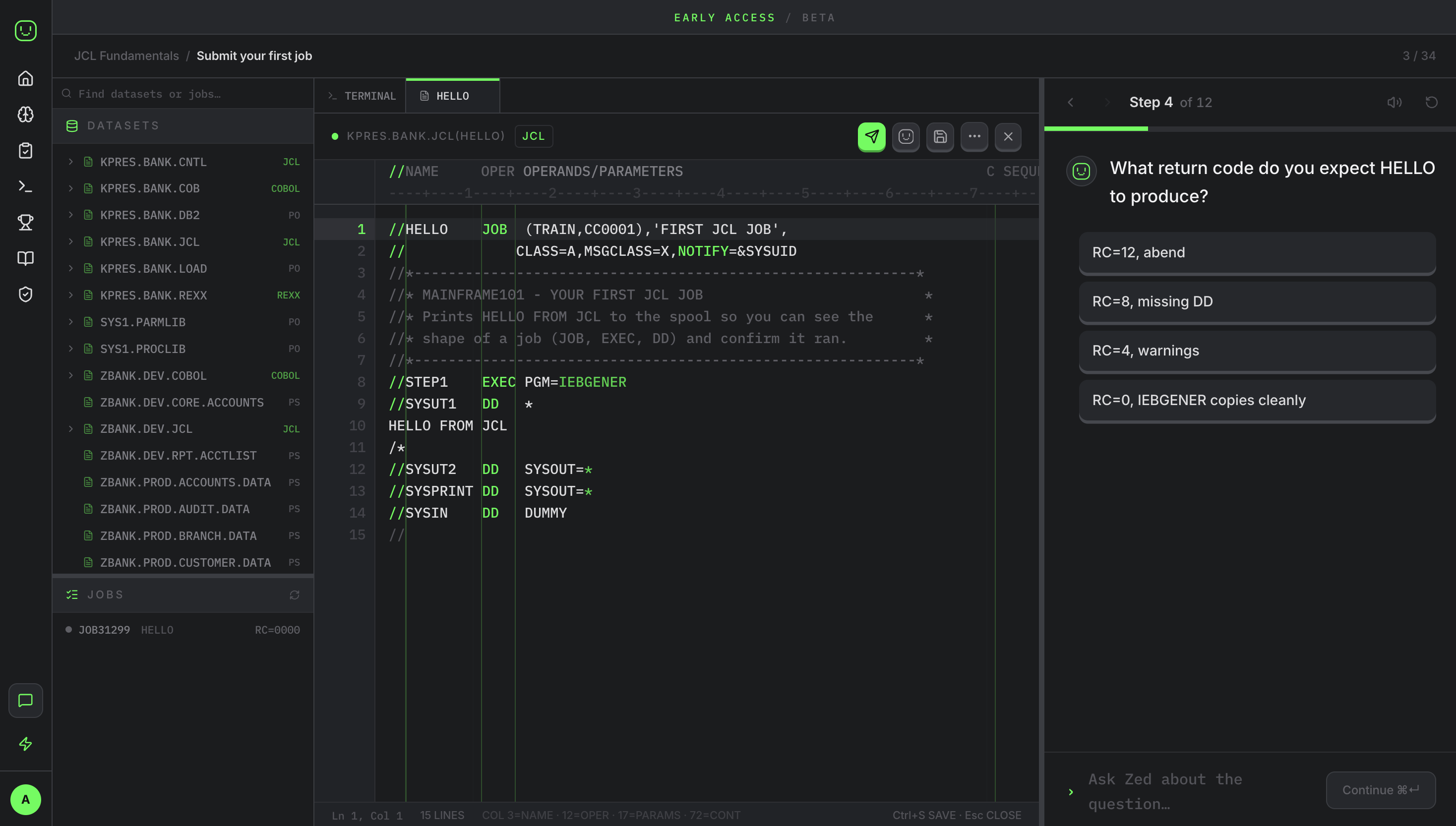 The HELLO job open in the Mainframe101 JCL editor, with the dataset tree and jobs list alongside it.